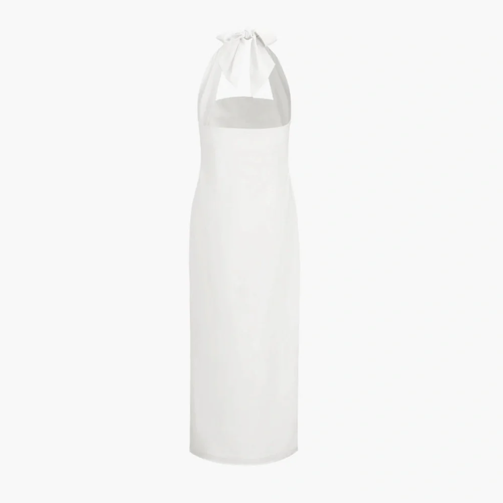 White square neck halter tie neck button front linen midi dress with open back - Picture 4 of 5
